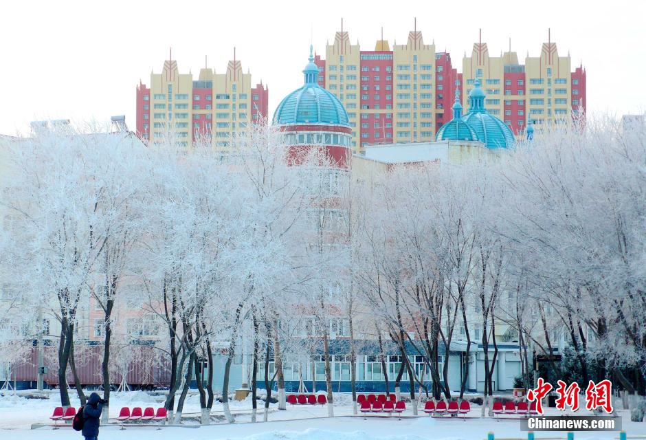 12月10日,受降溫天氣影響,黑河市黑龍江江畔出現(xiàn)綿延數(shù)公里的霧凇景觀。