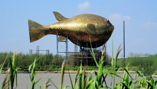 昨天，揚(yáng)中市西沙島，正在施工的河豚塔金光閃閃