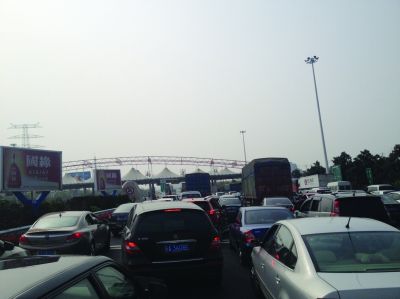 收費(fèi)站前長長排隊(duì)的車輛。陳郁