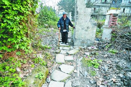 昨日，大渡口區(qū)，徐建高老人走在他鋪成的石子路上。 記者 張路橋 攝