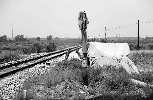 6月30日， 農(nóng)戶用搭建的窩棚和電線桿阻擋了鐵路的施工。新華社發(fā)