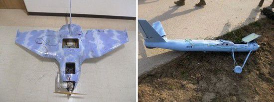 左圖為3月24日在韓國首爾北部墜毀的無人機，右圖為3月31日在韓國西部海域白翎島墜毀的無人機