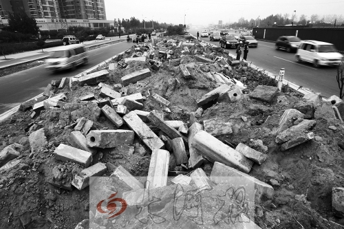 中州大道部分路段，綠化帶成了垃圾場(chǎng)。