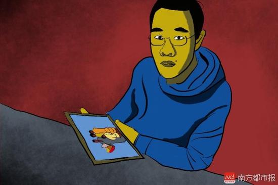 王煥凱看著一家人幸福的合照，黯然神傷，悔不當(dāng)初。（畫(huà)作者：吳斌）