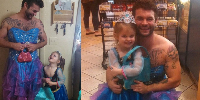 男子穿公主裙陪害羞小侄女看電影