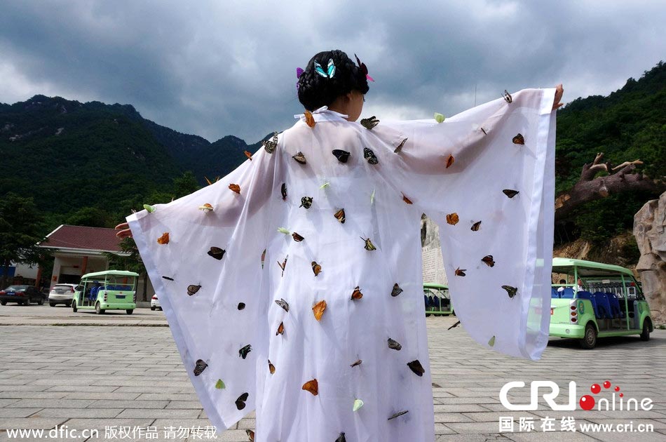 “蝴蝶仙子”身穿上百只剛剛扎死的蝴蝶。圖片來源：老祝/東方IC