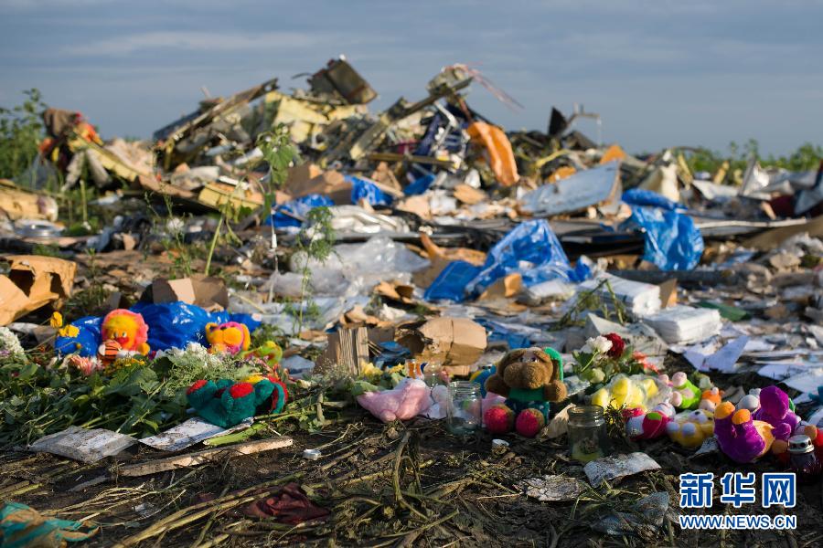 7月19日,在烏克蘭頓涅茨克州拉瑟普諾耶村附近,人們將玩具擺放在馬航MH17航班墜機(jī)現(xiàn)場(chǎng)。