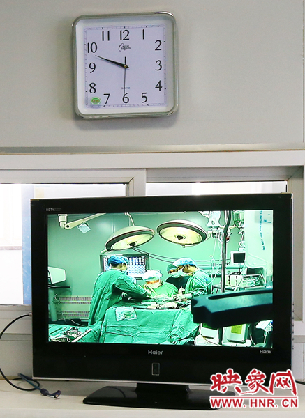 由于扎入大龍顱內(nèi)的針位置較深，所以經(jīng)過(guò)七次定位才取出,圖為監(jiān)視器中手術(shù)場(chǎng)景