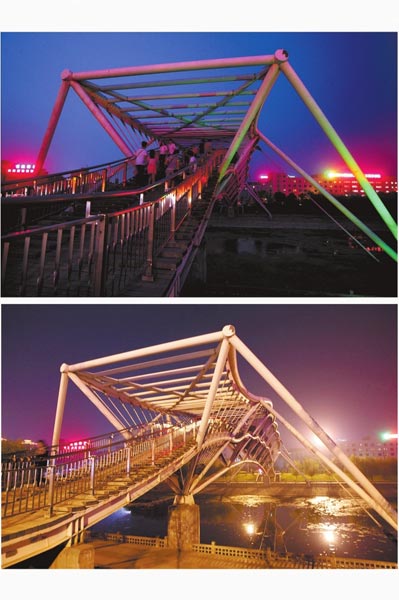 花園路西側(cè)東風(fēng)渠景觀橋，上圖攝于7月31日晚間，下圖攝于10月9日晚間。