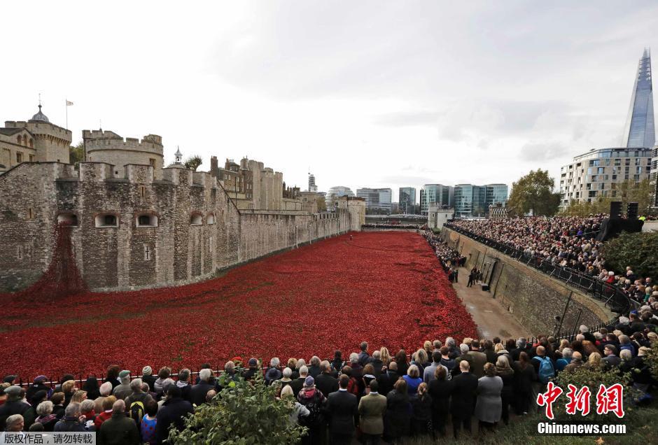 當(dāng)?shù)貢r間2014年11月10日，英國倫敦，倫敦塔周邊“種植”了888246朵陶瓷材質(zhì)的罌粟花，以此紀(jì)
