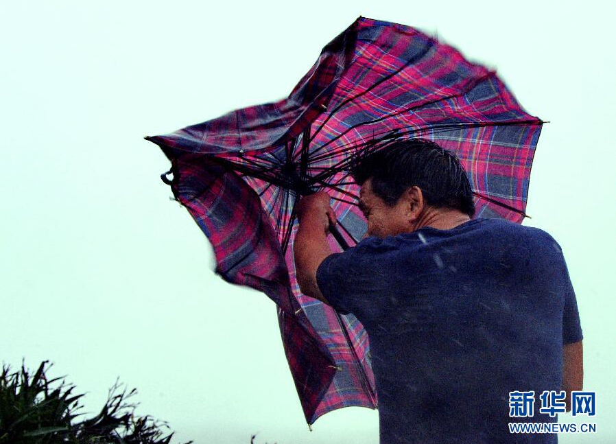 8月8日，福建省石獅市漁民在風雨中前行。