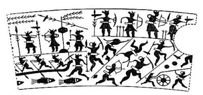 衛(wèi)輝市山彪鎮(zhèn)發(fā)掘出的戰(zhàn)國(guó)水陸攻戰(zhàn)紋銅鑒，上面有古人乘舟水戰(zhàn)的場(chǎng)面。