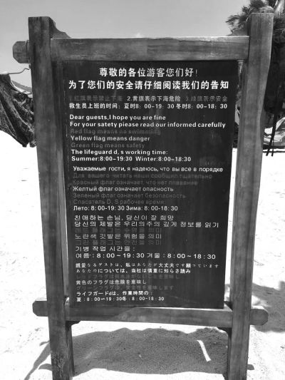 大東海海灘上用多國(guó)語(yǔ)言設(shè)立的安全告示。