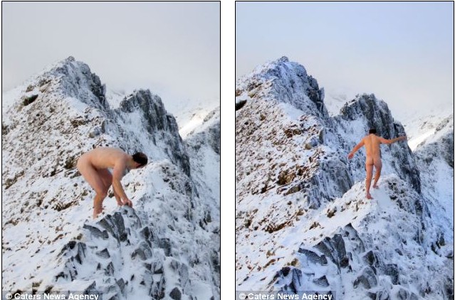 英國登雪山愛好者不畏嚴寒 近千米高雪山頂裸體行走 英國登雪山愛好者不畏嚴寒 近千米高雪山頂裸體行走